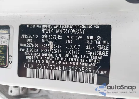 2012 Hyundai Santa Fe Gls z USA, uszkodzony, nr VIN 5XYZGDAB1CG155889